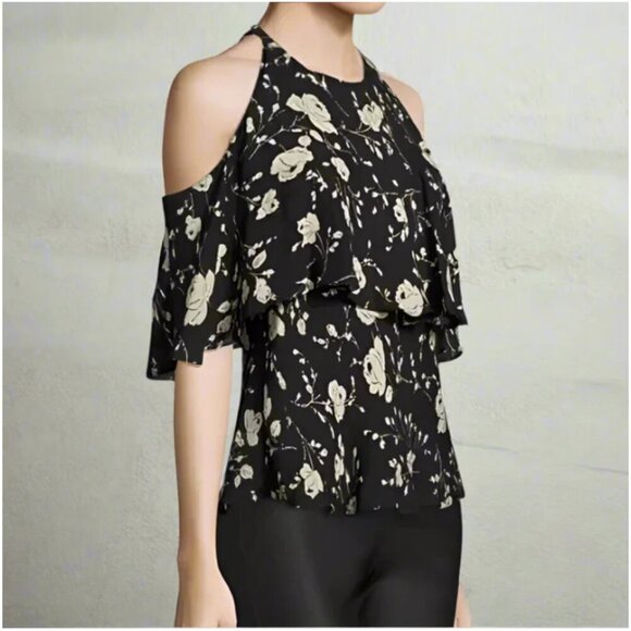 Polo Ralph Lauren Silk Georgette Top Cold-Shoulder Womens 10 Black Floral Ruffle - Picture 1 of 9